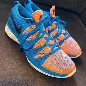 NIKE Air Zoom FLYKNIT Lunar 2 Blue Orange White Womens 8 US 39 EUR Running Shoes